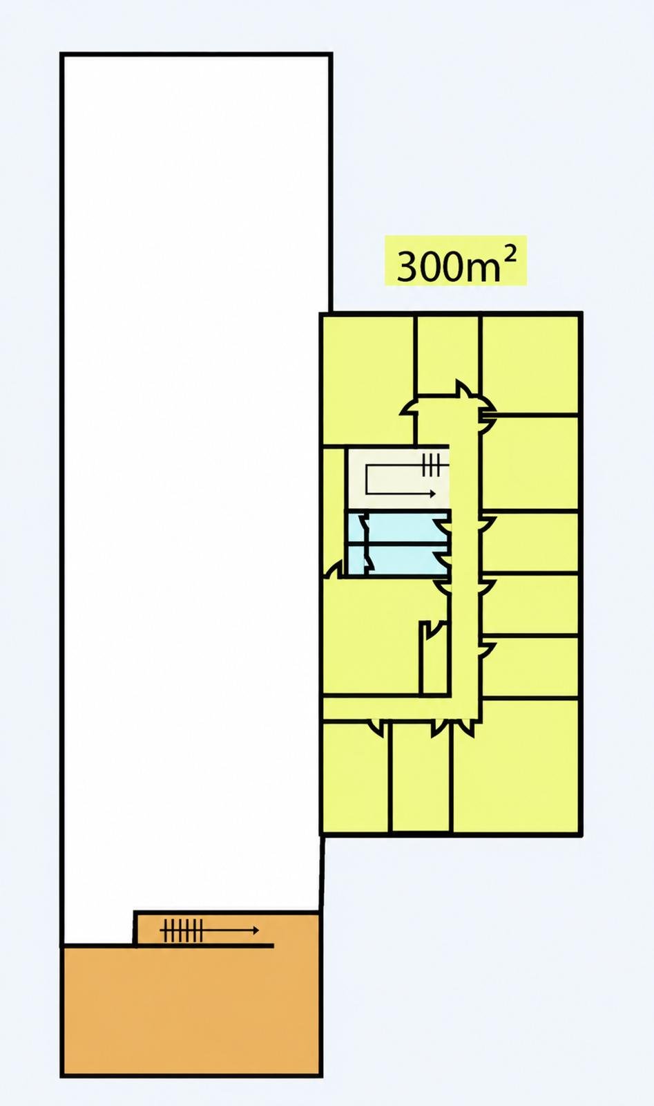 Plan de l'étage : 300 m² de bureaux aménagés autour d'un couloir central